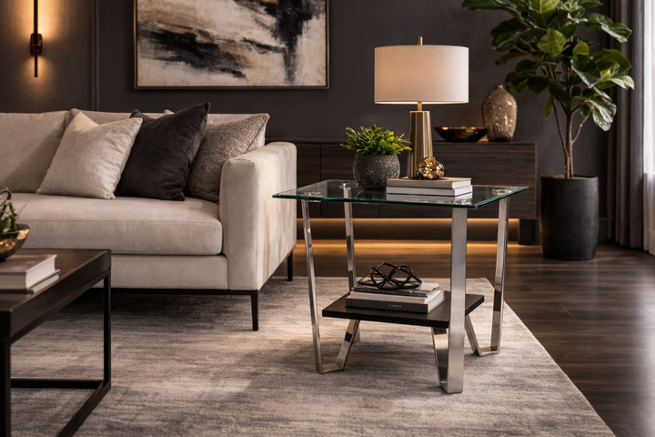 Mavaro Modern Side Table – 24" Square Tempered Glass Top End Table with Metal Frame, Lower Storage Shelf and Minimalist Contemporary Accent Table for Living Room & Bedroom