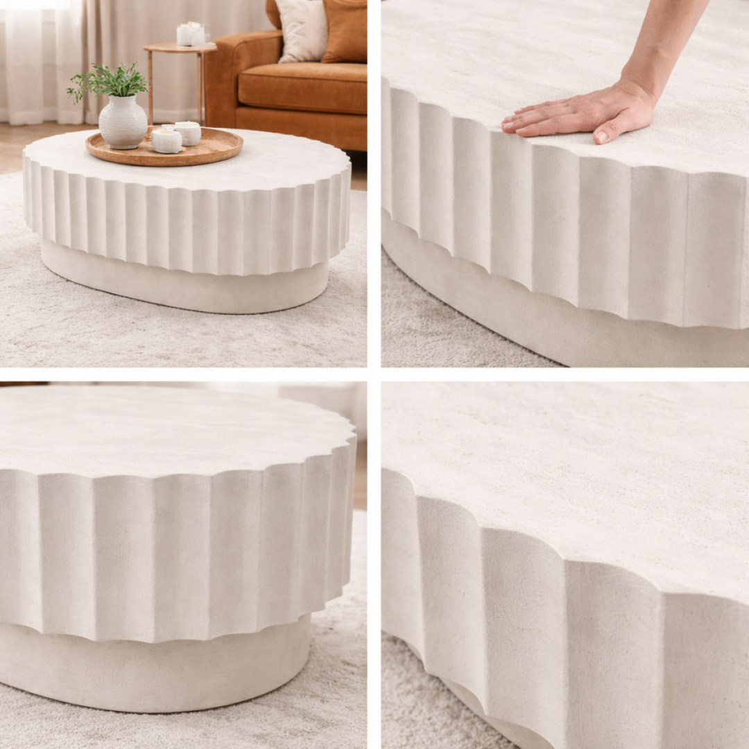 Vivante Modern Cement Coffee Table with Sculptural Fluted Design, Round Minimalist Top & Architectural Low-Profile Form for Contemporary Spaces