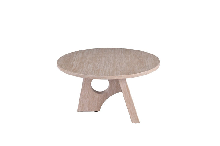 Grand Maison Modern Coffee Table with Geometric Base, Sand Wood Round Top & Sculptural Contemporary Design for Elegant Living Spaces