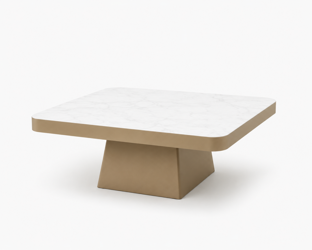 Veloura Gold Luxury Marble Coffee Table with Sculptural Gold Metal Base, Round Stone Top & Modern Elegant Design for Contemporary Living Rooms