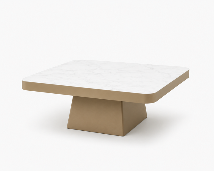 Veloura Gold Luxury Marble Coffee Table with Sculptural Gold Metal Base, Round Stone Top & Modern Elegant Design for Contemporary Living Rooms