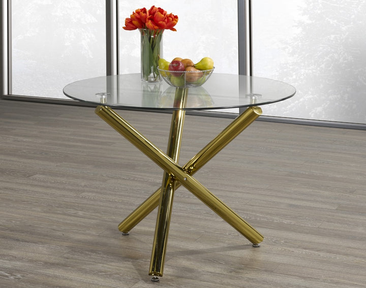 Marcell Contemporary Glass Dining Table with Gold Finished Legs & Modern X-Frame Base