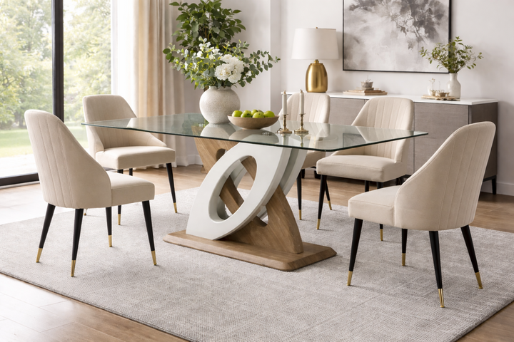 Highgrove Contemporary 10mm Tempered Glass Dining Table with Sculptural Pedestal Base
