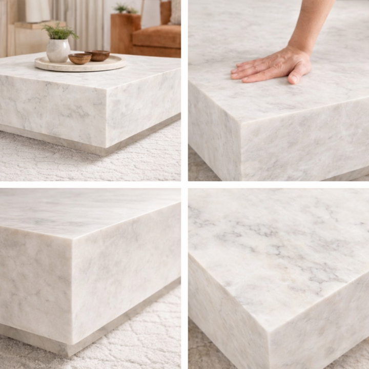 Altamira Luxury Solid Marble Coffee Table with Beveled Edges, Minimalist Block Design & Natural Stone Veining for Modern Elegant Interiors