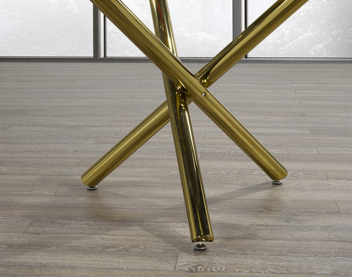 Marcell Contemporary Glass Dining Table with Gold Finished Legs & Modern X-Frame Base