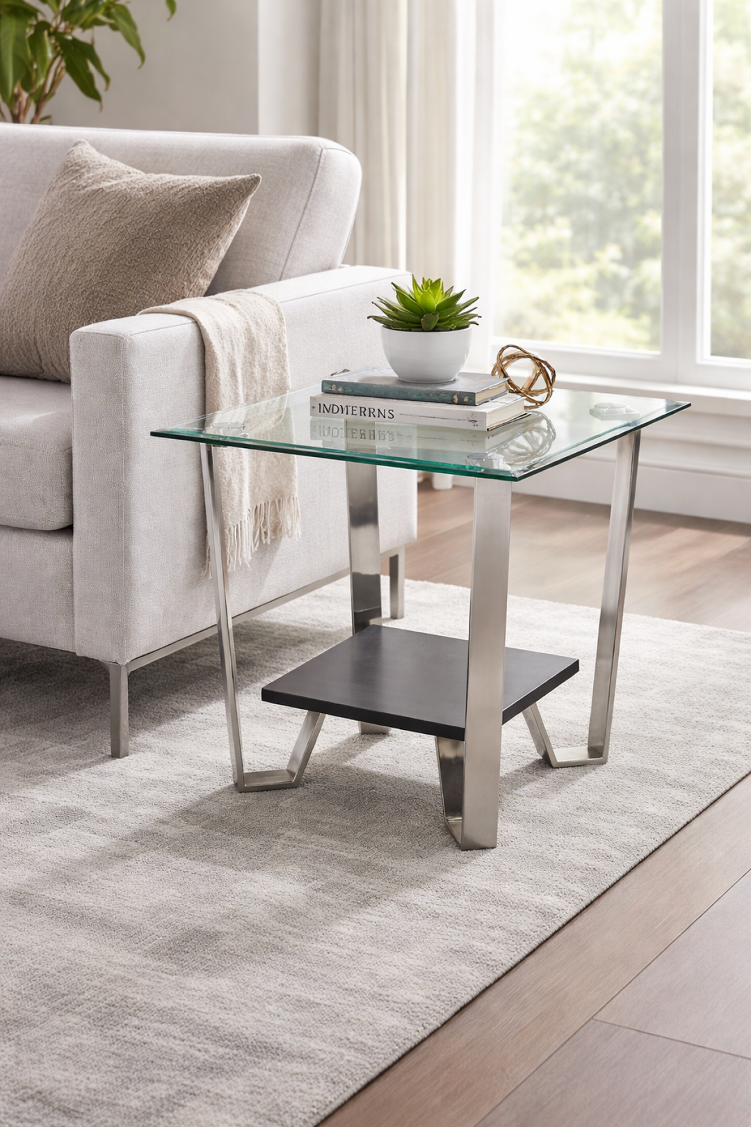Mavaro Modern Side Table – 24" Square Tempered Glass Top End Table with Metal Frame, Lower Storage Shelf and Minimalist Contemporary Accent Table for Living Room & Bedroom