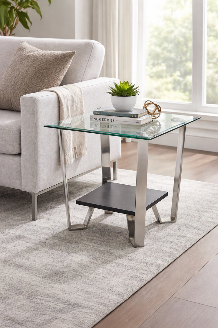 Mavaro Modern Side Table – 24" Square Tempered Glass Top End Table with Metal Frame, Lower Storage Shelf and Minimalist Contemporary Accent Table for Living Room & Bedroom