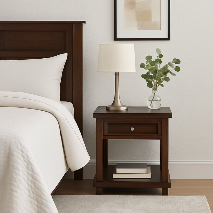 Arden Peak Solid Wood Nightstand – Bedside Table with Storage Drawer, Open Shelf, Framed Design and Timeless Bedroom Side Table Furniture