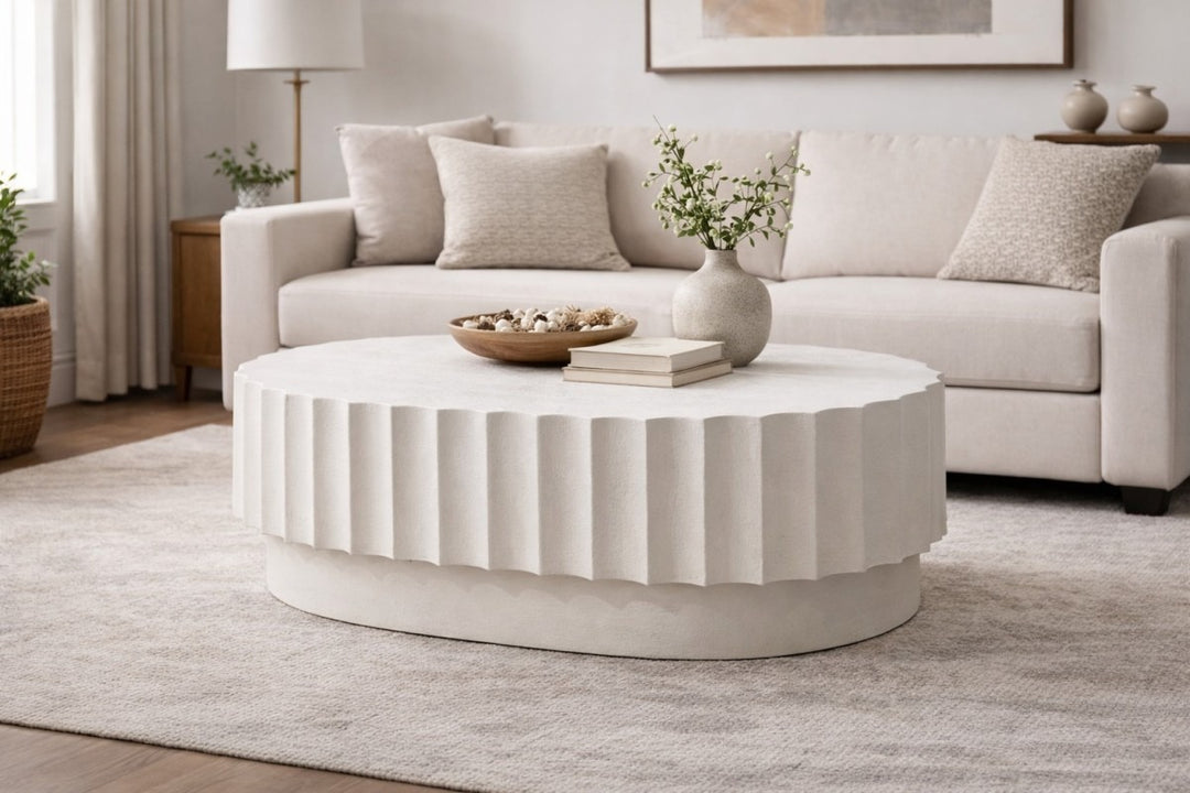 Vivante Modern Cement Coffee Table with Sculptural Fluted Design, Round Minimalist Top & Architectural Low-Profile Form for Contemporary Spaces
