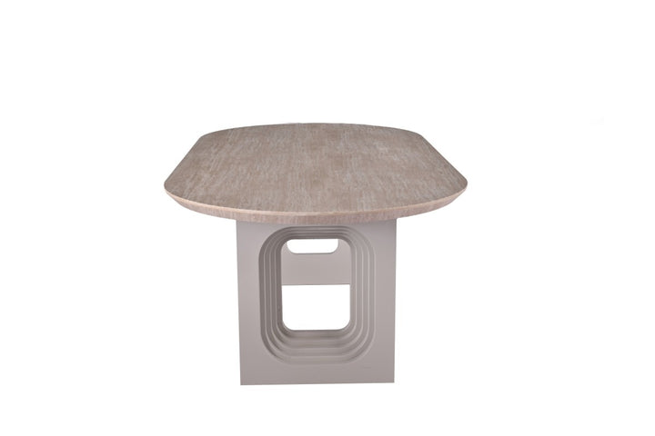Aldrion Oval Dining Table – Travertine Finish with Dual Pedestal Base