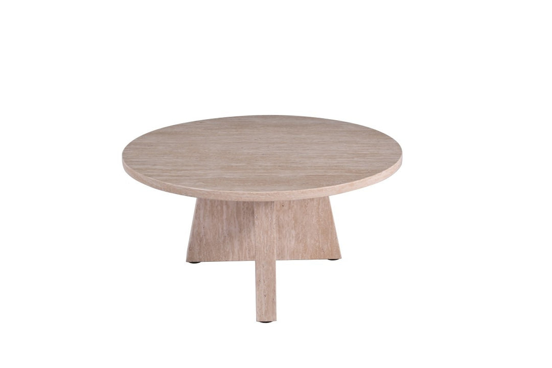 Grand Maison Modern Coffee Table with Geometric Base, Sand Wood Round Top & Sculptural Contemporary Design for Elegant Living Spaces