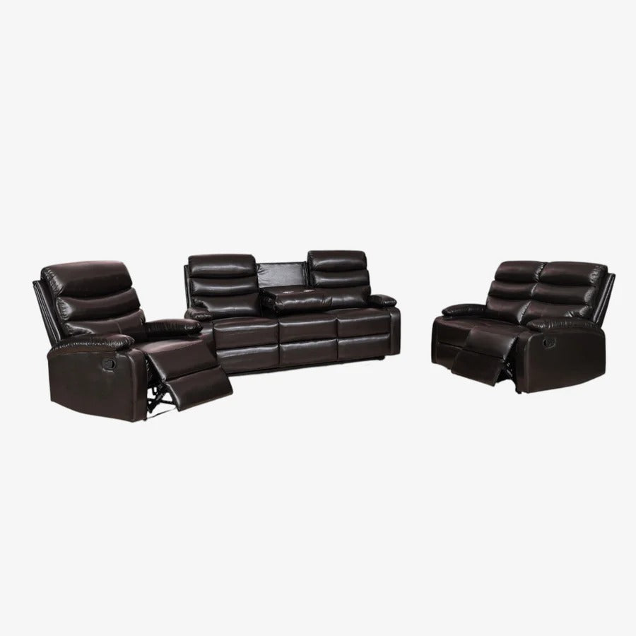Moreno Recliner Set – Chocolate Manual Recliner Chair, Loveseat & Sofa with Dropdown Tray and Cup Holders