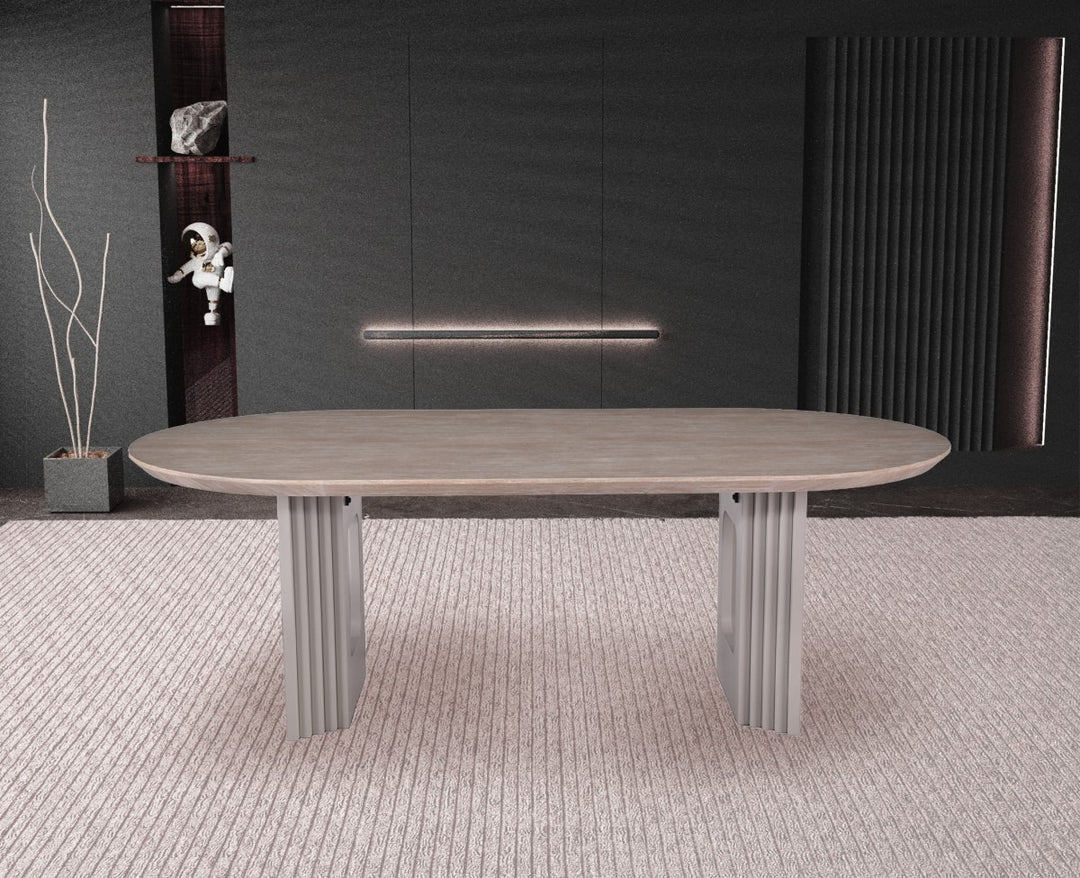 Aldrion Oval Dining Table – Travertine Finish with Dual Pedestal Base