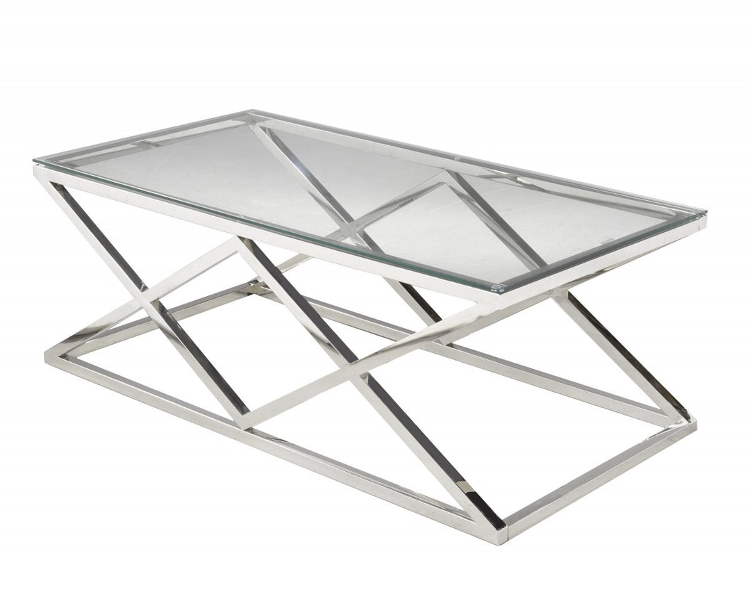 Valmont Modern Glass Coffee Table with 8mm Tempered Glass Top, Stainless Steel Legs & Open Cross Base Design for Contemporary Living Rooms