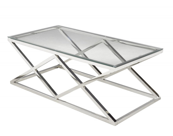 Valmont Modern Glass Coffee Table with 8mm Tempered Glass Top, Stainless Steel Legs & Open Cross Base Design for Contemporary Living Rooms
