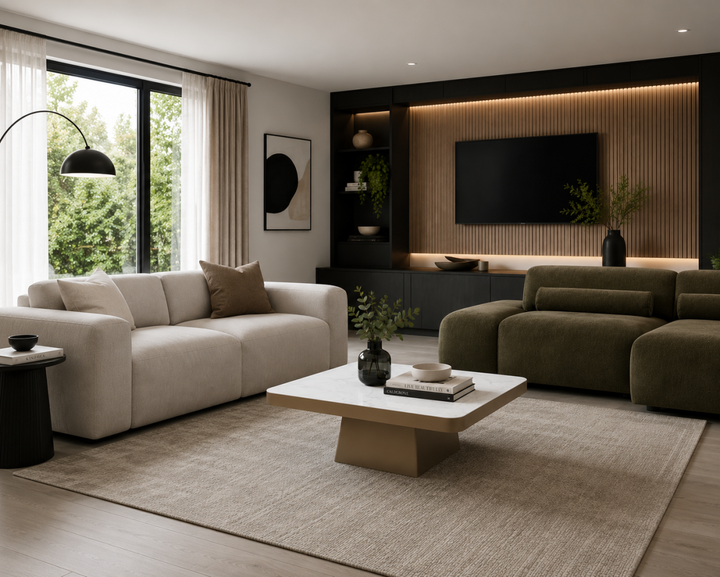 Veloura Gold Luxury Marble Coffee Table with Sculptural Gold Metal Base, Round Stone Top & Modern Elegant Design for Contemporary Living Rooms