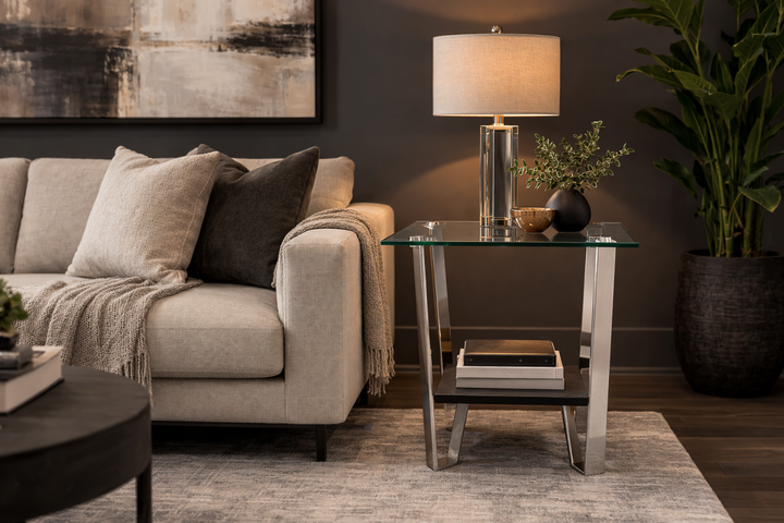Mavaro Modern Side Table – 24" Square Tempered Glass Top End Table with Metal Frame, Lower Storage Shelf and Minimalist Contemporary Accent Table for Living Room & Bedroom