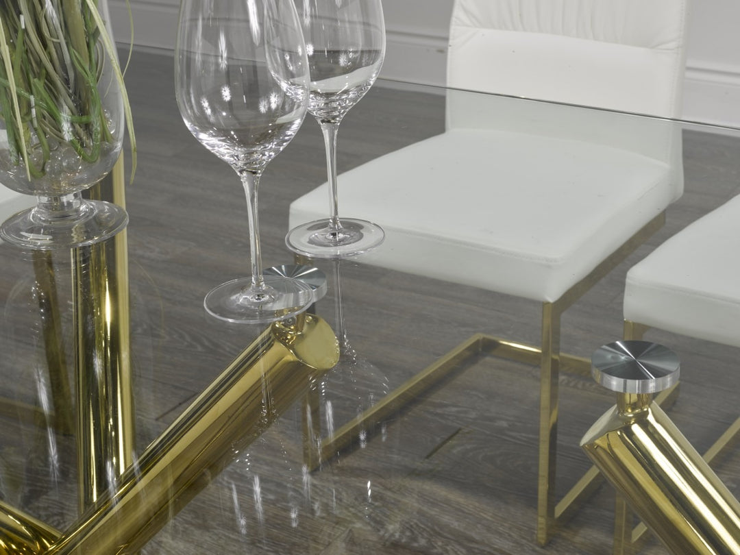 Marcell Contemporary Glass Dining Table with Gold Finished Legs & Modern X-Frame Base