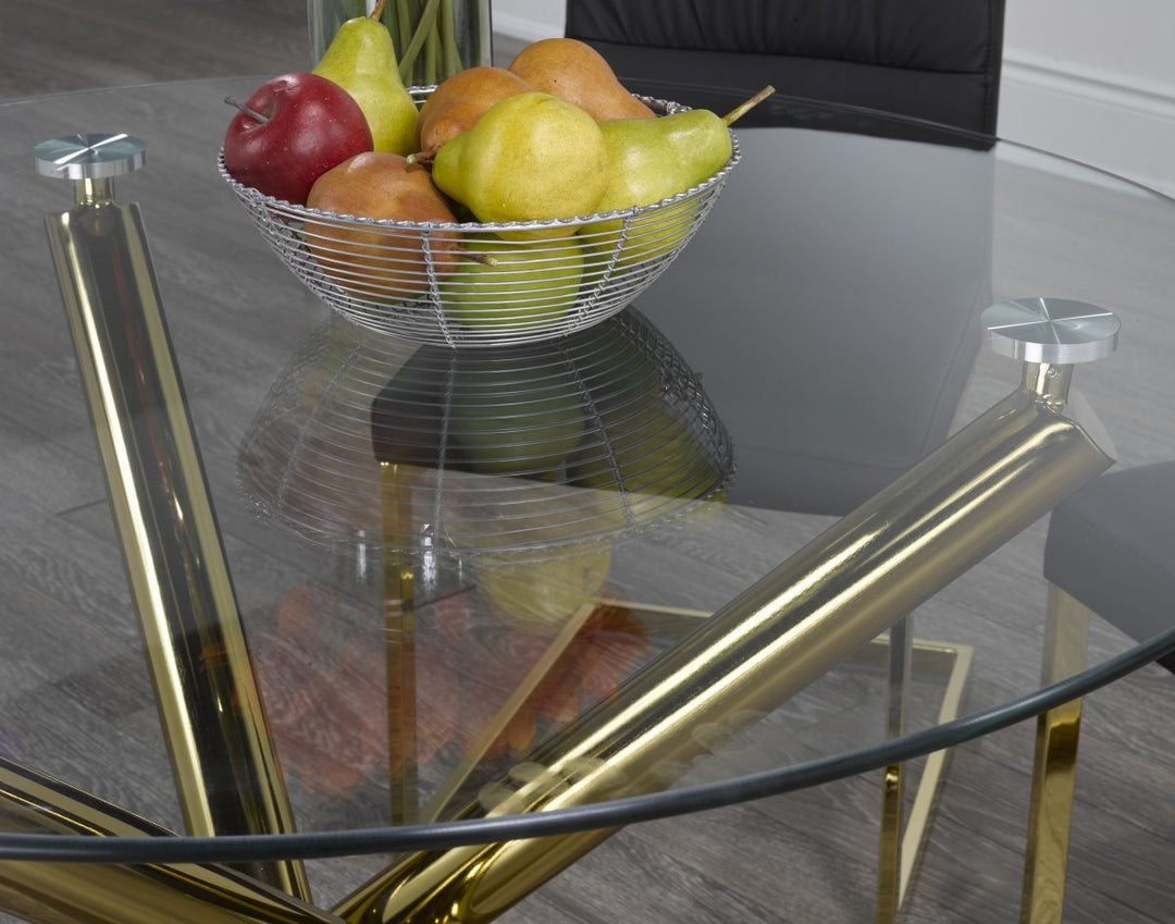 Marcell Contemporary Glass Dining Table with Gold Finished Legs & Modern X-Frame Base