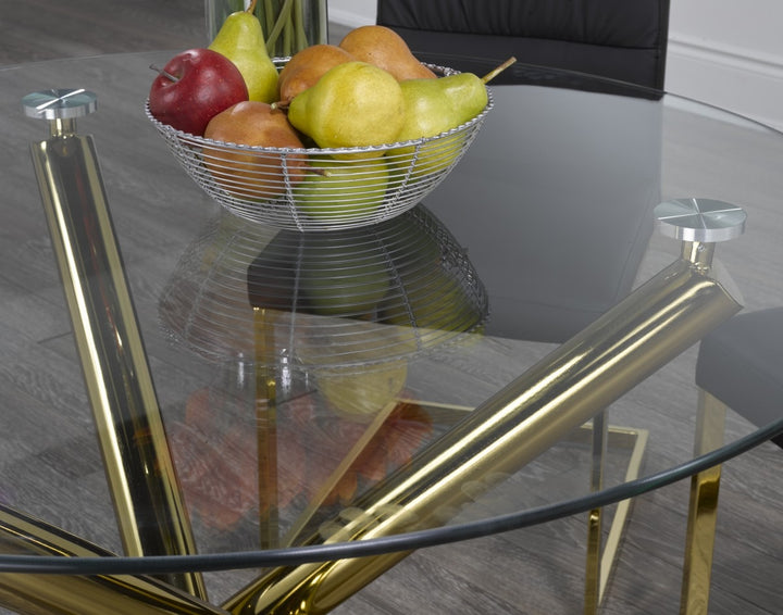 Marcell Contemporary Glass Dining Table with Gold Finished Legs & Modern X-Frame Base