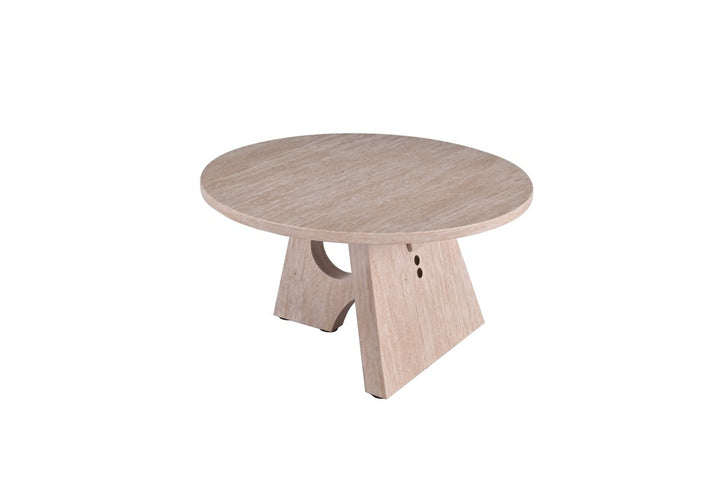 Grand Maison Modern Coffee Table with Geometric Base, Sand Wood Round Top & Sculptural Contemporary Design for Elegant Living Spaces