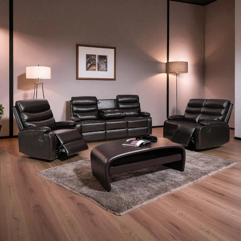 Moreno Recliner Set – Chocolate Manual Recliner Chair, Loveseat & Sofa with Dropdown Tray and Cup Holders