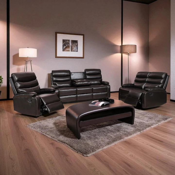 Moreno Recliner Set – Chocolate Manual Recliner Chair, Loveseat & Sofa with Dropdown Tray and Cup Holders