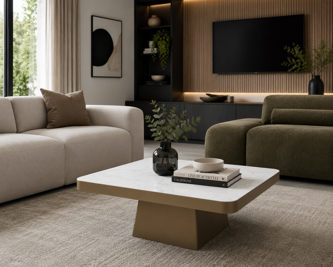 Veloura Gold Luxury Marble Coffee Table with Sculptural Gold Metal Base, Round Stone Top & Modern Elegant Design for Contemporary Living Rooms