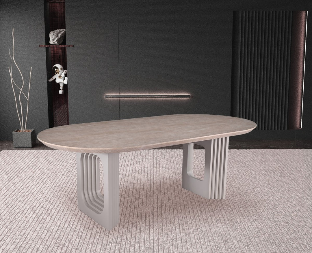 Aldrion Oval Dining Table – Travertine Finish with Dual Pedestal Base