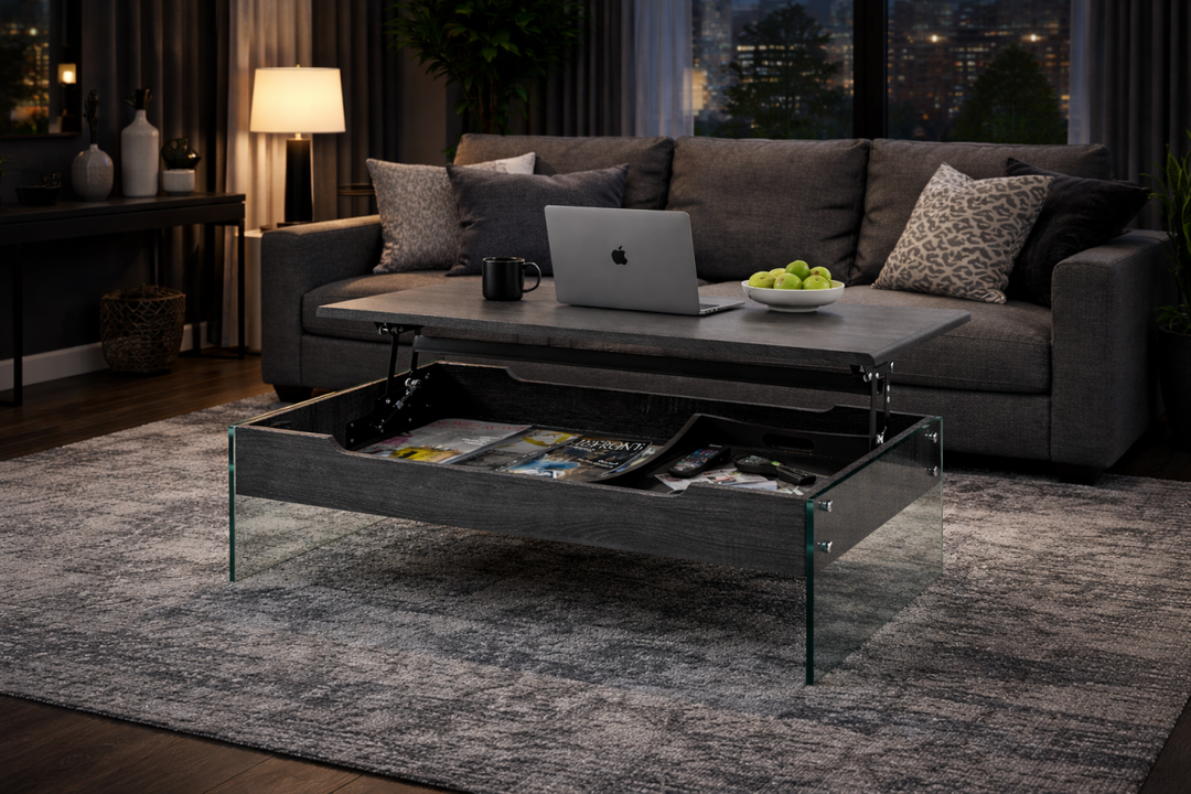 Willowcrest Contemporary Lift-Top Coffee Table with Hidden Storage Compartment and Tempered Glass Frame