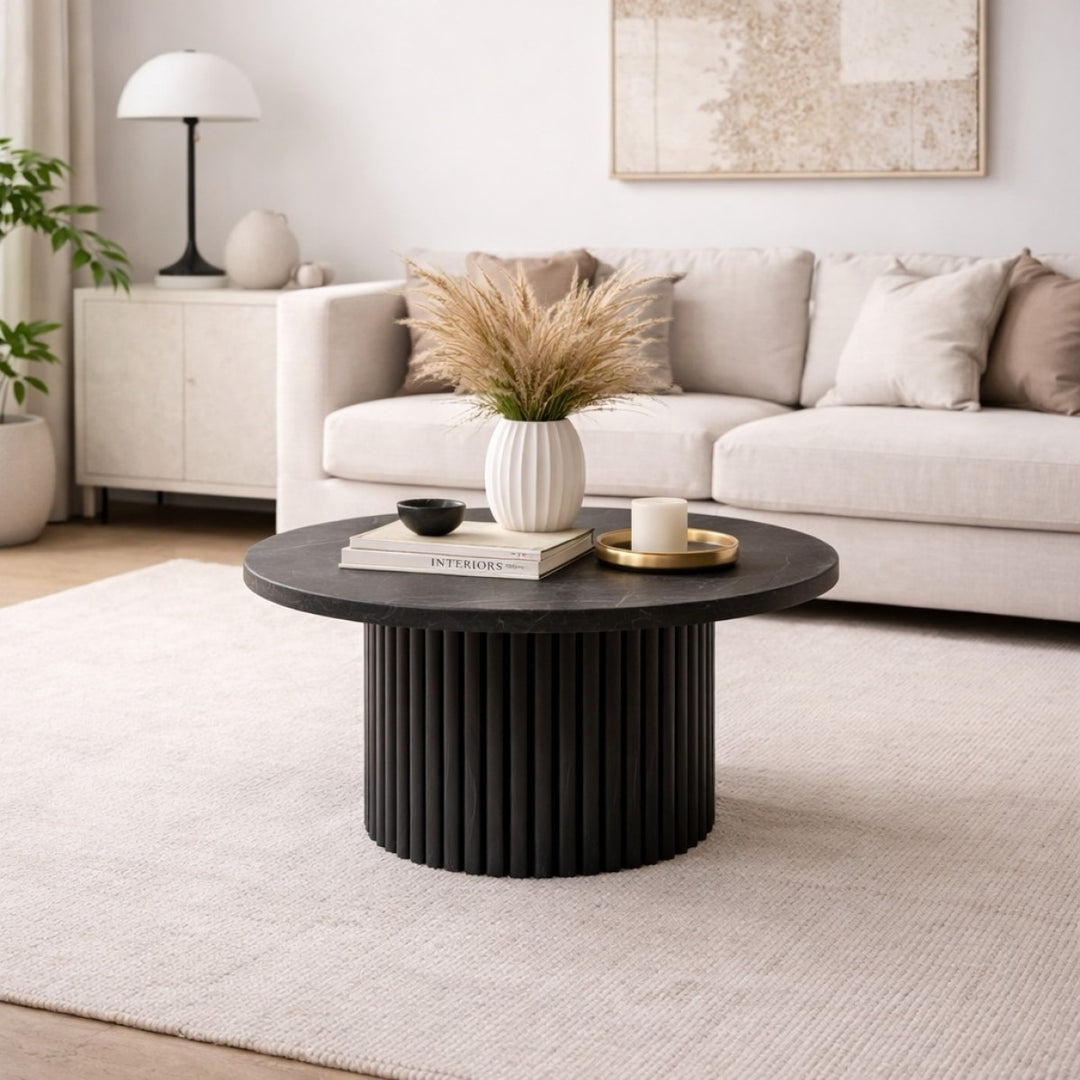 Milan Luxe Marble Coffee Table with Fluted Mango Wood Base, Round Tapered Stone Top & Modern Luxury Design for Elegant Living Spaces