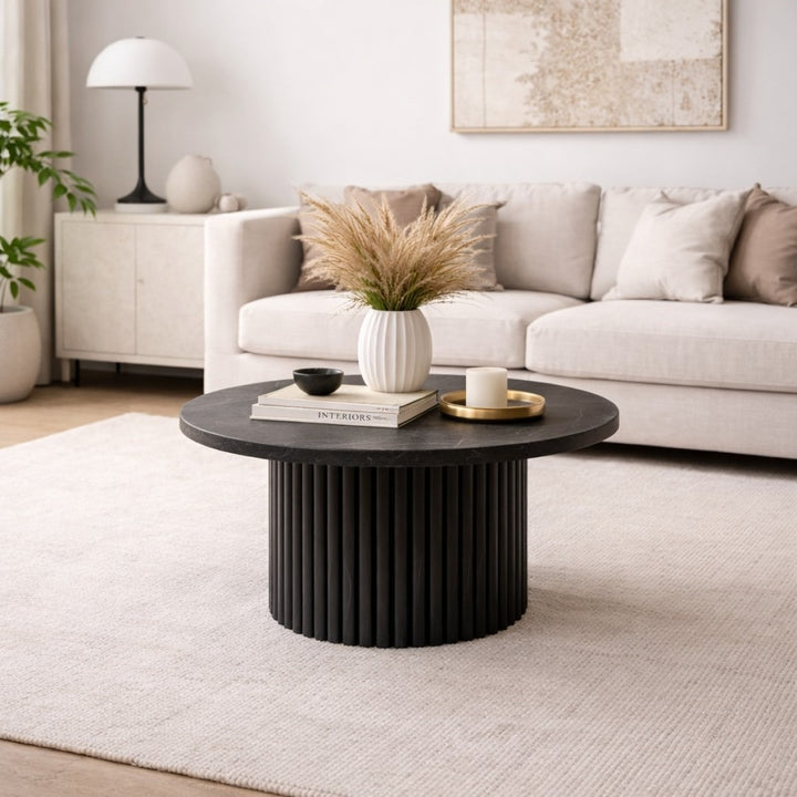 Milan Luxe Marble Coffee Table with Fluted Mango Wood Base, Round Tapered Stone Top & Modern Luxury Design for Elegant Living Spaces