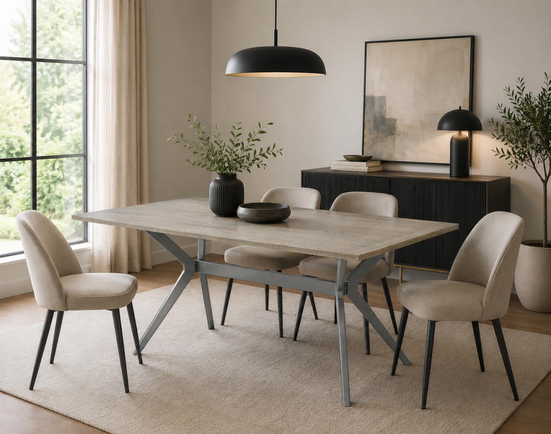 Virelli Rustic Oak Dining Table with Powder Coated Metal Base, Splayed Leg Design & Spacious Modern Industrial Top for Contemporary Dining Rooms
