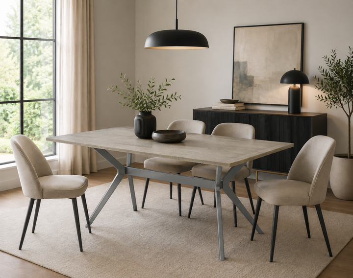 Virelli Rustic Oak Dining Table with Powder Coated Metal Base, Splayed Leg Design & Spacious Modern Industrial Top for Contemporary Dining Rooms