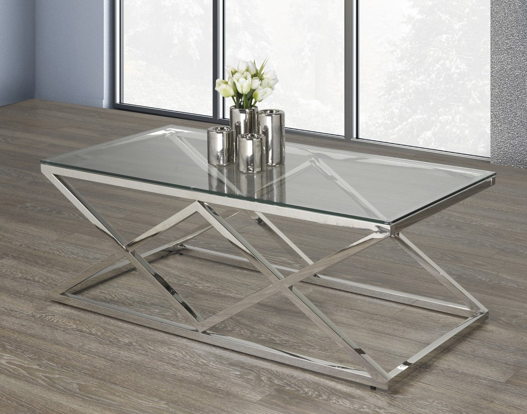Valmont Modern Glass Coffee Table with 8mm Tempered Glass Top, Stainless Steel Legs & Open Cross Base Design for Contemporary Living Rooms