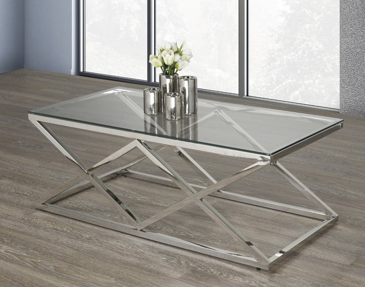 Valmont Modern Glass Coffee Table with 8mm Tempered Glass Top, Stainless Steel Legs & Open Cross Base Design for Contemporary Living Rooms