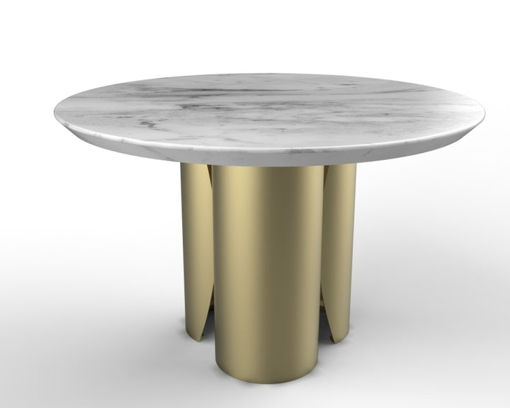 Alvona Luxury Round Marble Dining Table with Gold Metal Sculptural Base | Modern Elegant Design