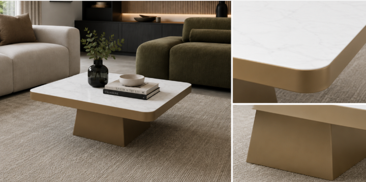 Veloura Gold Luxury Marble Coffee Table with Sculptural Gold Metal Base, Round Stone Top & Modern Elegant Design for Contemporary Living Rooms