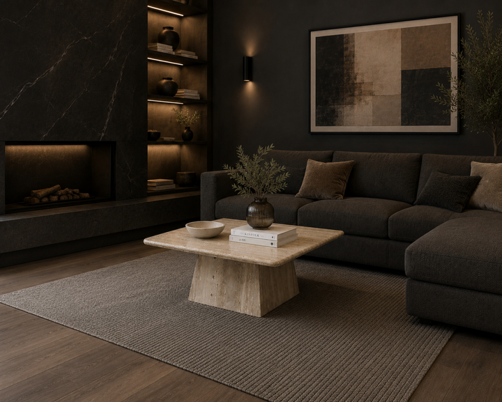 Obsidian Table Luxury Marble Coffee Table with Sculptural Pedestal Base, Cream Natural Stone Top for Modern Elegant Interiors
