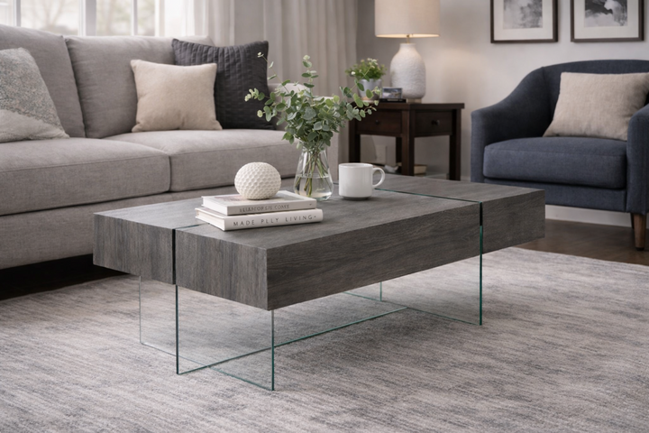 Casa Royale Modern Coffee Table with Tempered Glass Frame, Wood-Look Top & Built-In Storage Compartments for Contemporary Living Rooms