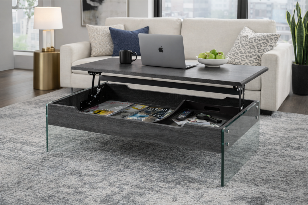 Willowcrest Contemporary Lift-Top Coffee Table with Hidden Storage Compartment and Tempered Glass Frame