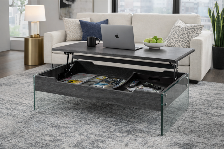 Willowcrest Contemporary Lift-Top Coffee Table with Hidden Storage Compartment and Tempered Glass Frame