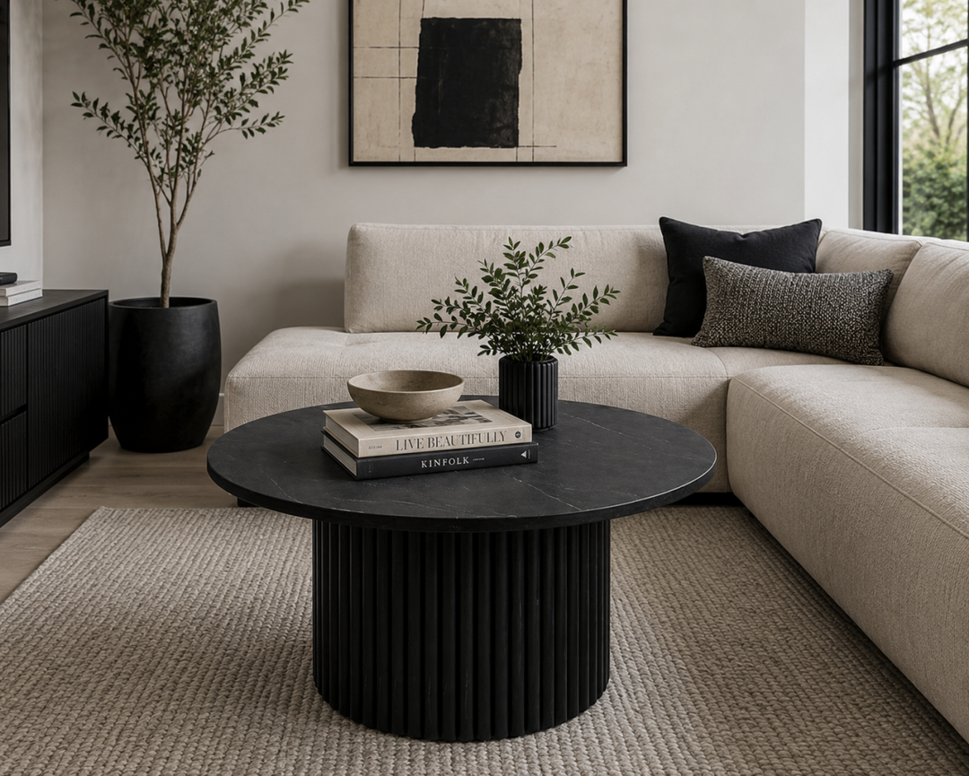 Milan Luxe Marble Coffee Table with Fluted Mango Wood Base, Round Tapered Stone Top & Modern Luxury Design for Elegant Living Spaces