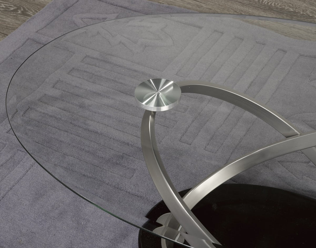 Solvane Premium Luxury Living Room Set with Beveled Glass Top and Modern Sculptural Chrome Pedestal Design