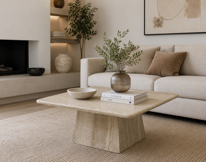 Obsidian Table Luxury Marble Coffee Table with Sculptural Pedestal Base, Cream Natural Stone Top for Modern Elegant Interiors
