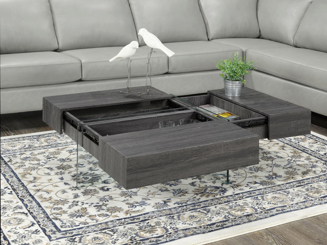 Casa Royale Modern Coffee Table with Tempered Glass Frame, Wood-Look Top & Built-In Storage Compartments for Contemporary Living Rooms