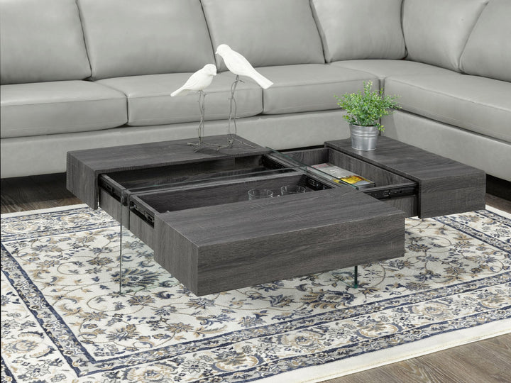 Casa Royale Modern Coffee Table with Tempered Glass Frame, Wood-Look Top & Built-In Storage Compartments for Contemporary Living Rooms