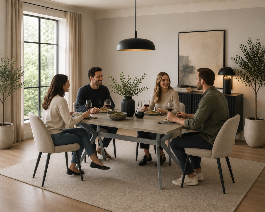 Virelli Rustic Oak Dining Table with Powder Coated Metal Base, Splayed Leg Design & Spacious Modern Industrial Top for Contemporary Dining Rooms