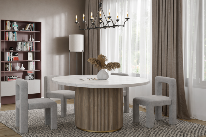 Avendor Round Dining Table – Marble Top with Fluted Solid Mango Wood Pedestal