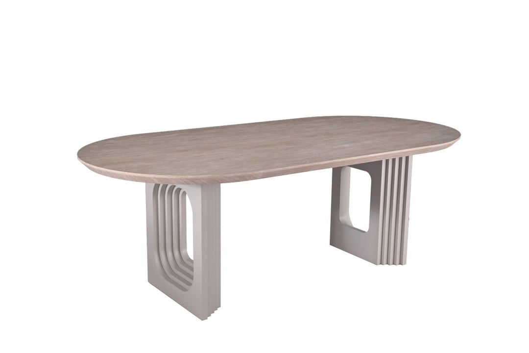 Aldrion Oval Dining Table – Travertine Finish with Dual Pedestal Base